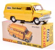 Dinky Toys Ford Transit Van 'HERTZ' (407). In bright yellow livery, with red interior, HERTZ Truck