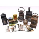 3x Railway lamps, 3x electricity insulators, vintage tins, etc. A small black painted BR(E) portable