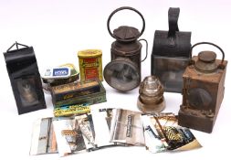3x Railway lamps, 3x electricity insulators, vintage tins, etc. A small black painted BR(E) portable