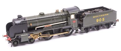 An O gauge finescale brass kit built Southern Schools Class 4-4-0 tender locomotive. Finished in