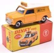 Dinky Toys A.A. Mini Van (274). A 2nd type in deep yellow with white roof and dark blue interior, '