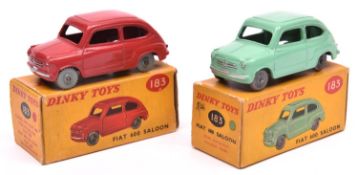 2 Dinky Toys Fiat 600 Saloon (183). An example in red and one in light green. Both with grey plastic