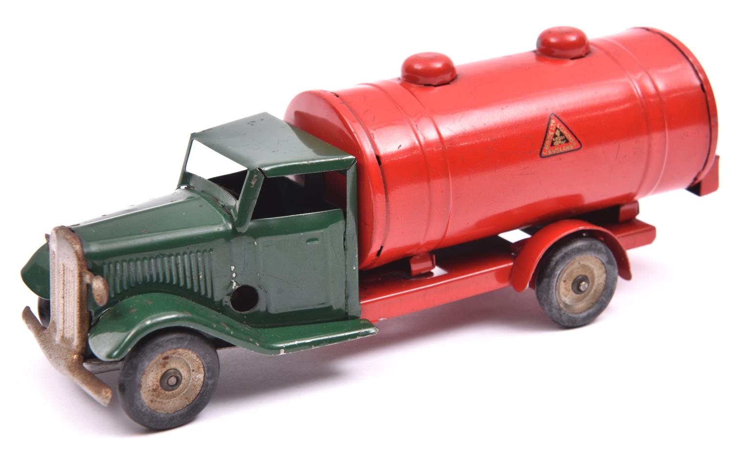 Tri-ang Minic tinplate clockwork Petrol Tanker 15M. A normal control cab in dark green with dark