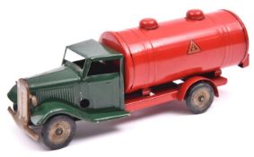 Tri-ang Minic tinplate clockwork Petrol Tanker 15M. A normal control cab in dark green with dark