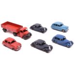 6 Dinky Toys. Triumph saloon, in blue with light blue wheels. Austin Somerset, in red with red