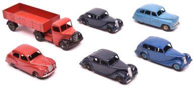 6 Dinky Toys. Triumph saloon, in blue with light blue wheels. Austin Somerset, in red with red