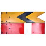 2x British Railways enamel semaphore signal arms. A Home arm in red with a white stripe, marked 'N.