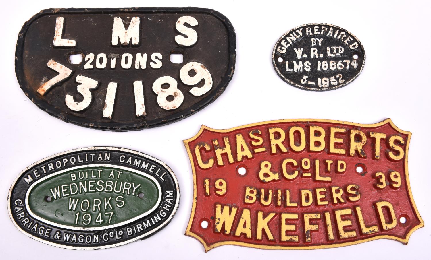 4x Railway wagon cast iron builders plates. An LMS 20-ton plate, 731189. A Charles Roberts,
