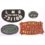 4x Railway wagon cast iron builders plates. An LMS 20-ton plate, 731189. A Charles Roberts,