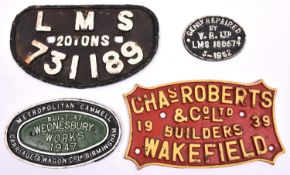 4x Railway wagon cast iron builders plates. An LMS 20-ton plate, 731189. A Charles Roberts,