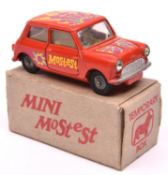 A rare Corgi Toys Morris Mini Minor 'Mini Mostest' (349). In orange-red with yellow interior, with