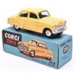 Corgi Toys Vauxhall Velox Saloon (203). An example in yellow with smooth spun wheels and black
