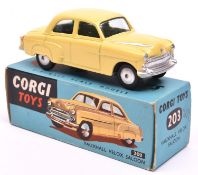 Corgi Toys Vauxhall Velox Saloon (203). An example in yellow with smooth spun wheels and black
