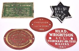 5x Railway plates. 3x wagon cast iron builders plates; a star shaped BR-Sc plate, 277A, dated Sep