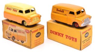2 Dinky Toys Bedford 10CWT Vans. One in KODAK orange livery, with red wheels. The other is in yellow