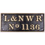 A reproduction L&NWR locomotive tender plate, No.1136. A brass copy in the style of the original