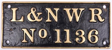 A reproduction L&NWR locomotive tender plate, No.1136. A brass copy in the style of the original