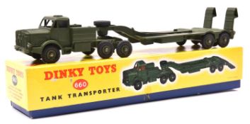 A scarce Dinky Supertoys Antar Tank Transporter (660). In olive green. Boxed- a late style all