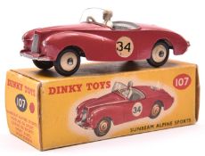 Dinky Toys Sunbeam Alpine Sports (107). Example in cerise with grey interior, RN34, with cream
