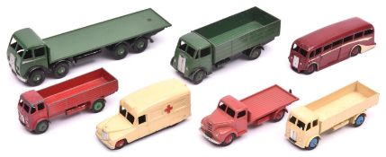 7 Dinky Toys. Foden DG Flatbed Truck in green with silver flashes. Guy 4-ton Lorry, in dark green.