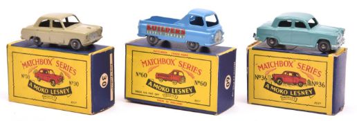 3 Matchbox Series. Ford Prefect No.30 in greyish brown, black base, grey plastic wheels rounded