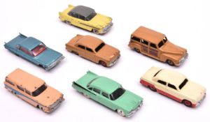 7 Dinky Toys American Cars. Cadillac in metallic blue with red interior. Dodge Royal sedan in