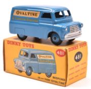 Dinky Toys Bedford 10CWT Van 'OVALTINE' (481). In mid blue livery, with mid blue wheels, with