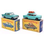 2 Matchbox Series. No.56 Fiat 1500 in sea green with red interior, brown luggage, black plastic