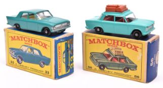 2 Matchbox Series. No.56 Fiat 1500 in sea green with red interior, brown luggage, black plastic