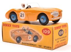 Dinky Toys Austin Healey '100' Sports (109). In deep yellow with mid blue interior, mid blue