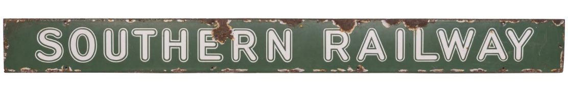 A Southern Railway poster board header. Green and white enameled sign with rounded lettering. Length