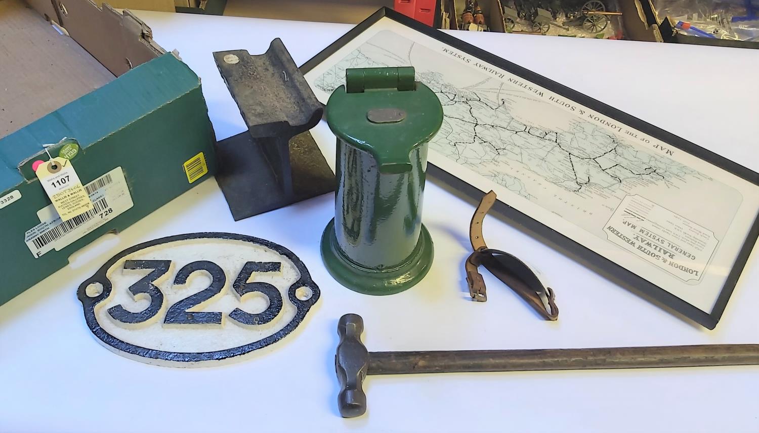 7x items of railwayana. A steel and cast iron cylindrical railway ticket punch machine painted green