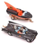 Corgi Batmobile and Batboat. 2nd type with the thinner black plastic wheels to car and trailer,