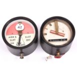 2x Railway signal box indicators. Bakerlite cased indicators, one with semophore signal showing