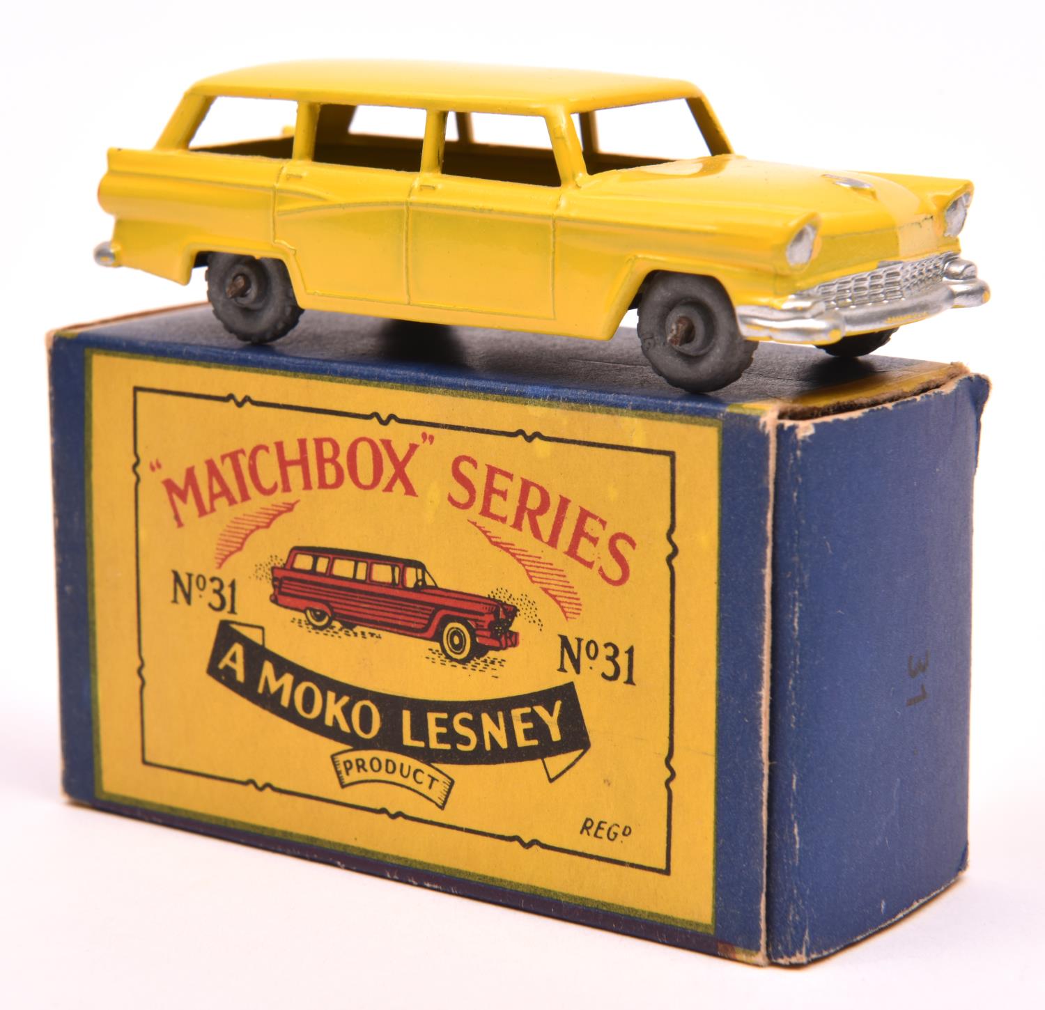 Matchbox Series No.31 Ford Station Wagon. In deep yellow with metal wheels and black base, no tow