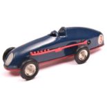 A 1930's Tri-ang Minic tinplate clockwork Racing Car 13M. Open cockpit example in dark blue with red