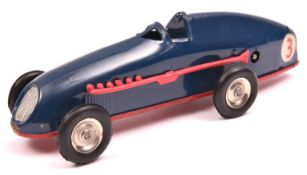 A 1930's Tri-ang Minic tinplate clockwork Racing Car 13M. Open cockpit example in dark blue with red