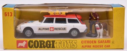 A scarce Corgi Toys Citroen Safari Alpine Rescue Car (513). In white and red livery, light blue