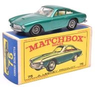 Matchbox Series No.75 Ferrari Berlinetta. In metallic green with cream interior, black plastic tyres