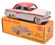 Dinky Toys Austin A105 Saloon (176). An example in light grey with red roof and red flash to
