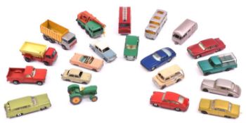 20 loose Matchbox Series including Hillman Minx, Bedford Milk Van, Land Rover Fire Truck, Mercury