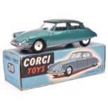 Corgi Toys Citroen DS 19 (210). An example in metallic green with black roof, smooth spun wheels and