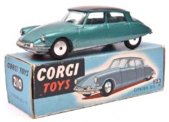 Corgi Toys Citroen DS 19 (210). An example in metallic green with black roof, smooth spun wheels and