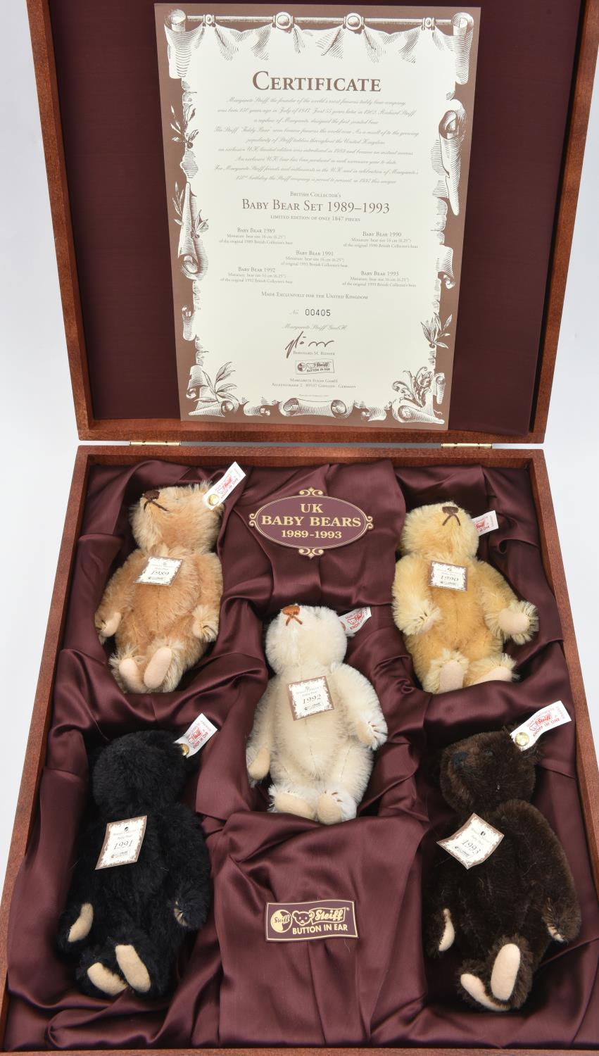 2 Steiff sets. A 1997 British Collector's wooden boxed set of 5 Steiff U.K. Baby Bears 1989-1993.