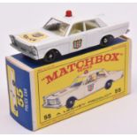 Matchbox Series No.55 Ford Galaxie Police Car. In white with white interior, POLICE & shield decal