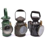 3x railway hand lamps. Standard three aspect lamps all complete with glasses and burners. One