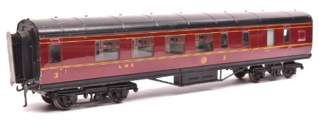 An O Gauge Exley K6 type LMS Brake Third. In lined maroon livery. GC-VGC, non-original bogies and