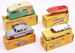 4 Dinky Toys. Austin A105 (176) in light grey with red flashes and wheels, with black tyres. Plus
