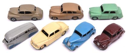 7 Dinky Toys. Hillman Minx in light green, Morris Oxford in beige, Triumph 1800 in mid blue,