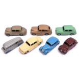 7 Dinky Toys. Hillman Minx in light green, Morris Oxford in beige, Triumph 1800 in mid blue,